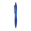 Stylo à bille à encre bleue avec corps coloré translucide, zone de préhension antidérapante, embout en caoutchouc, clip en métal et accents noires.