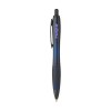 Stylo à bille à encre bleue avec corps coloré translucide, zone de préhension antidérapante, embout en caoutchouc, clip en métal et accents noires.