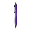 Stylo à bille à encre bleue avec corps coloré translucide, zone de préhension antidérapante, embout en caoutchouc, clip en métal et accents noires.